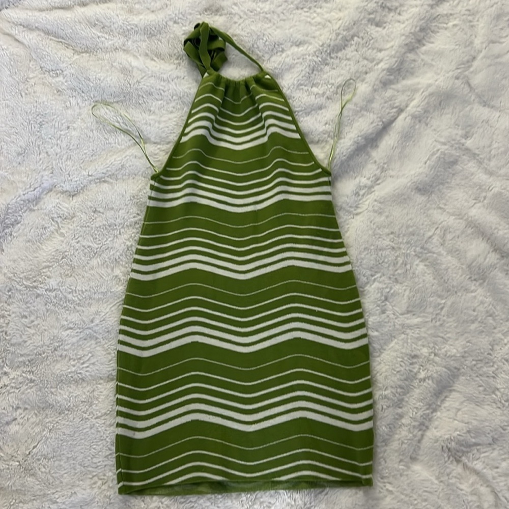 Fashion Nova Green and White Striped Halter Dress Size M